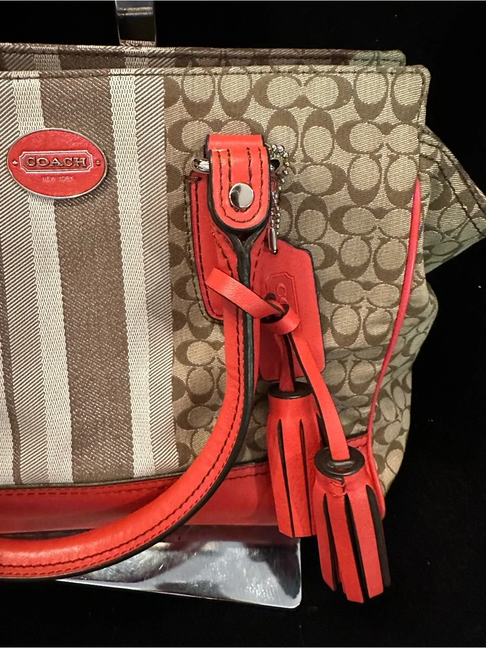 Coach Cadence Legacy Signature Carryall Canvas Tote with Coral Red Leather Trim - Picture 12 of 15